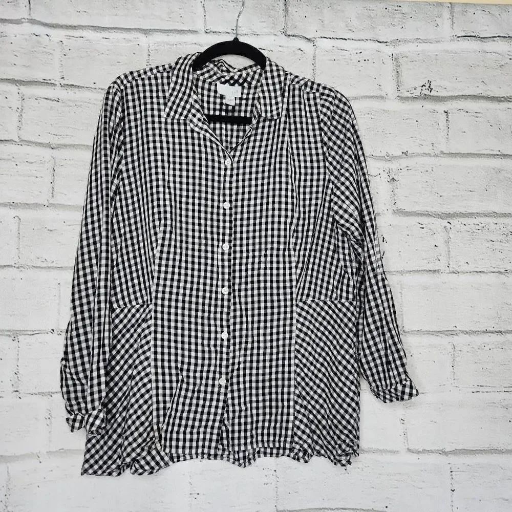 J Jill Women's Black and White Gingham Long Sleeve Button Front Blouse Large